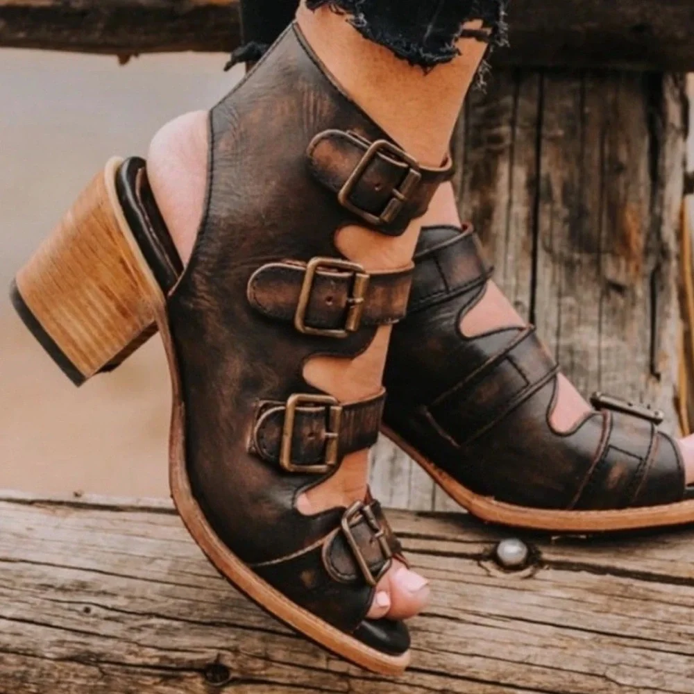 Freebird by Steven Brown Buckle Cutout Block Heel Sandals